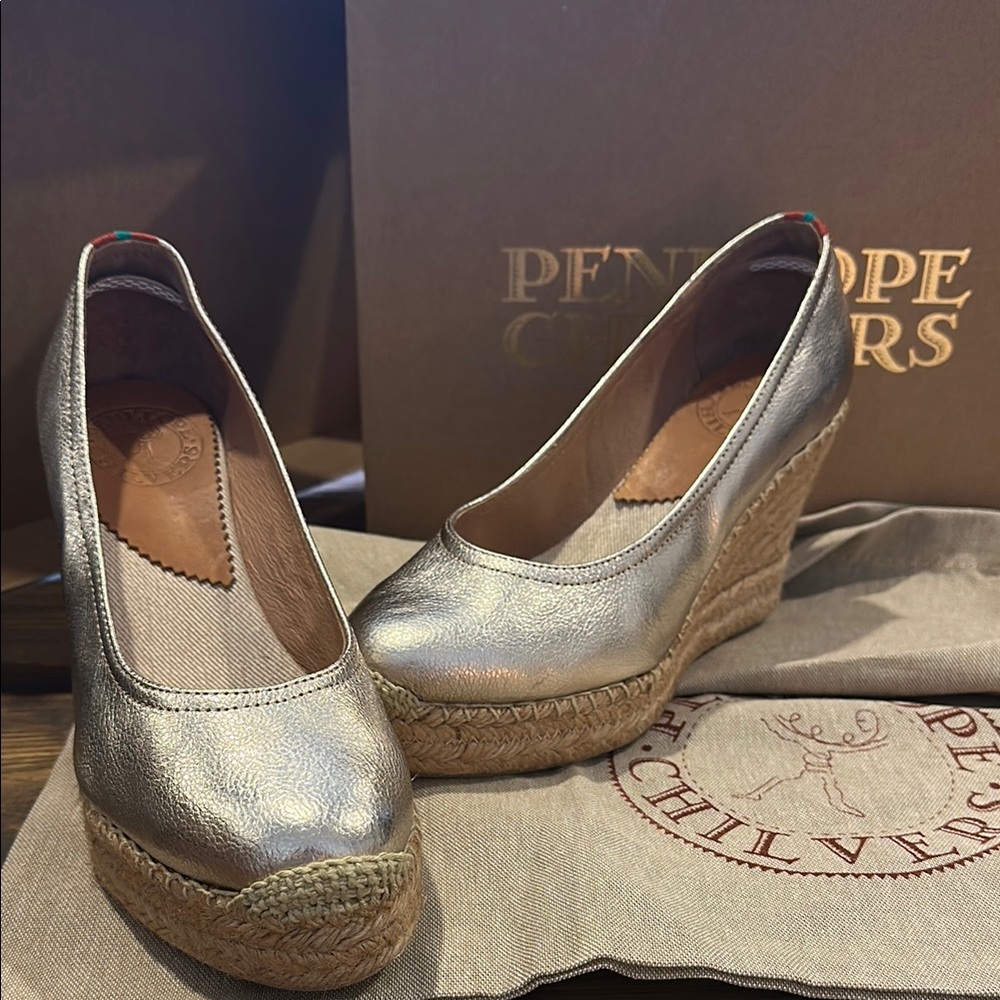 Penelope Chilvers Silver Wedge Espadrilles